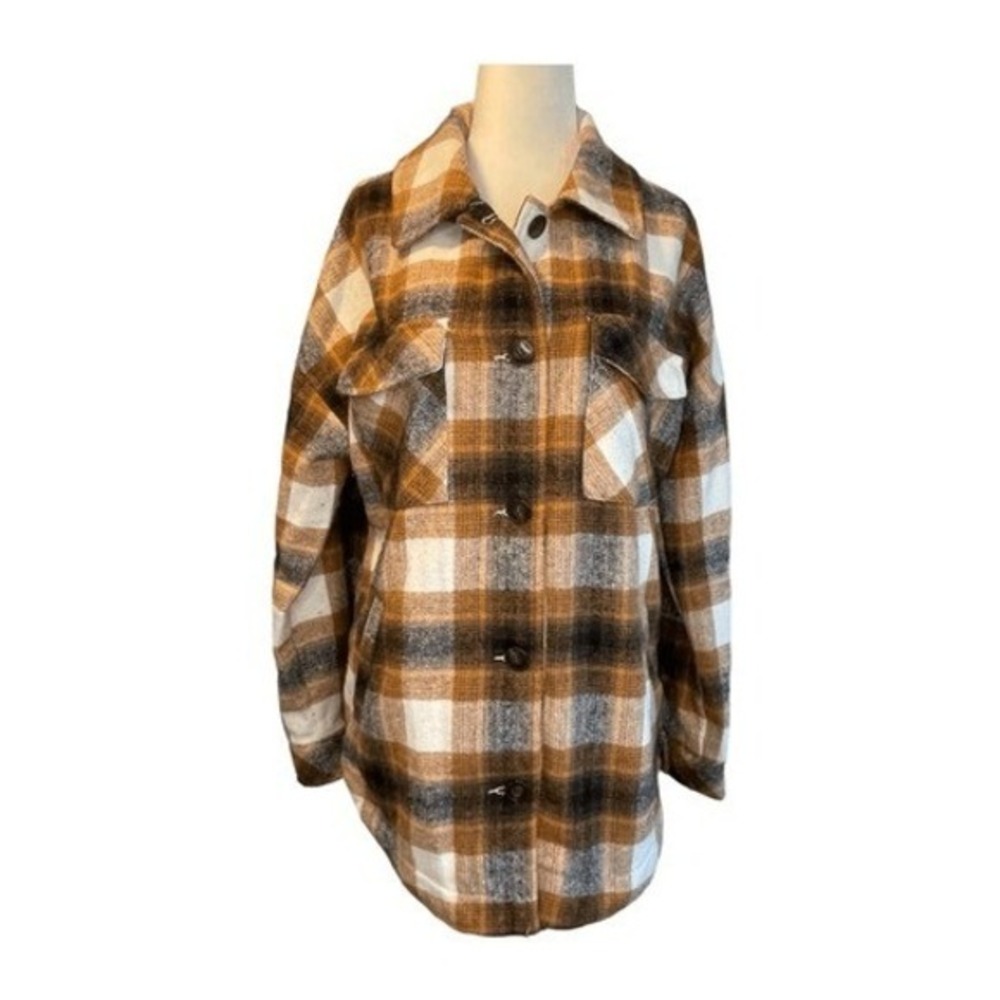 Ci Sono Flannel Button Down Shirt Jacket Brown Tan Cream Plaid Shacket Long Slee